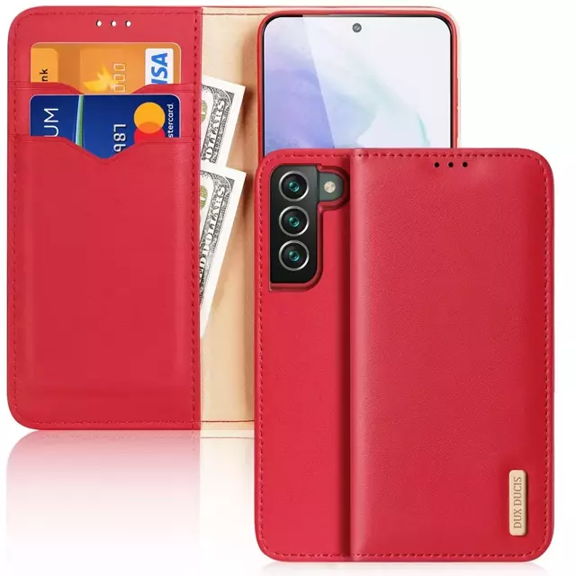 Dux Ducis Hivo Leather Flip Cover Echtleder Geldbörse für Karten und Dokumente Samsung Galaxy S22 (S22 Plus) rot