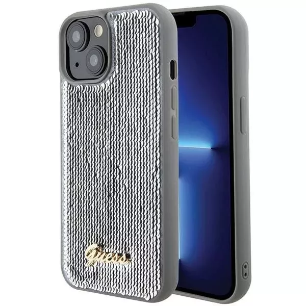 Etui Guess GUHCP15SPSFDGSS für iPhone 15 6,1" Silber/Silber Hardcase Pailletten Script Metal