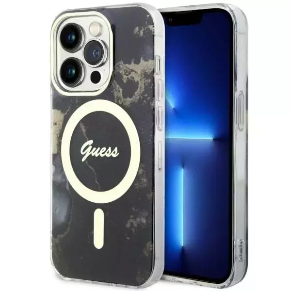 Etui für Telefon Guess GUHMP14LHTMRSK für Apple iPhone 14 Pro 6.1" Czarny/Black Hardcase Golden Marble MagSafe