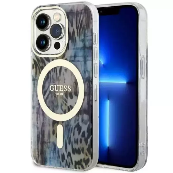 Etui na telefon Guess GUHMP14LHLEOPWB für Apple iPhone 14 Pro 6.1" niebieski/blue hardcase Leopard MagSafe