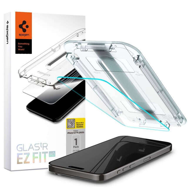 Gehärtetes Glas für iPhone 15 Pro Max Spigen Glas.TR „EZ FIT“ Klar