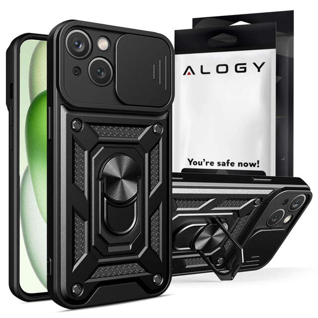 Gepanzerte Hülle für iPhone 15 Camshield Case Ring Alogy Stand mit Schiebekameraabdeckung aus schwarzem Glas