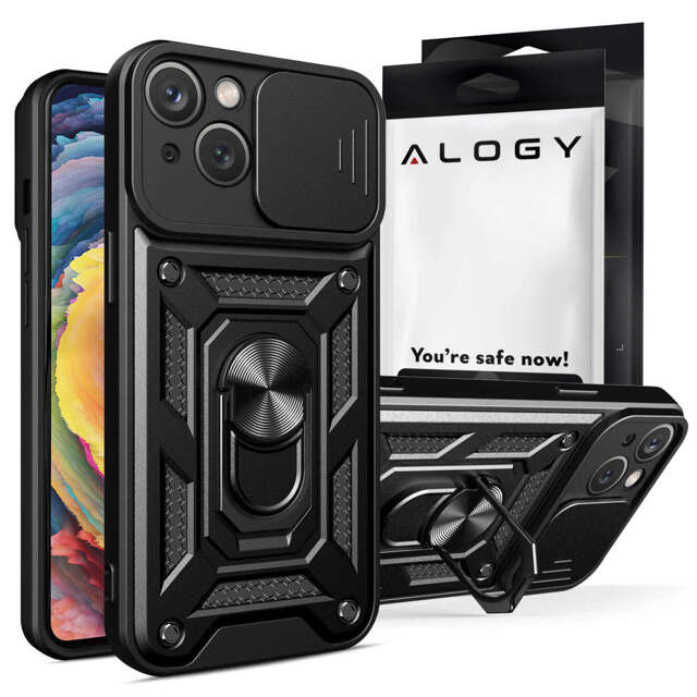 Gepanzerte Hülle für iPhone 15 Plus Camshield Case Ring Alogy Stand mit verschiebbarer Kameraabdeckung, schwarz