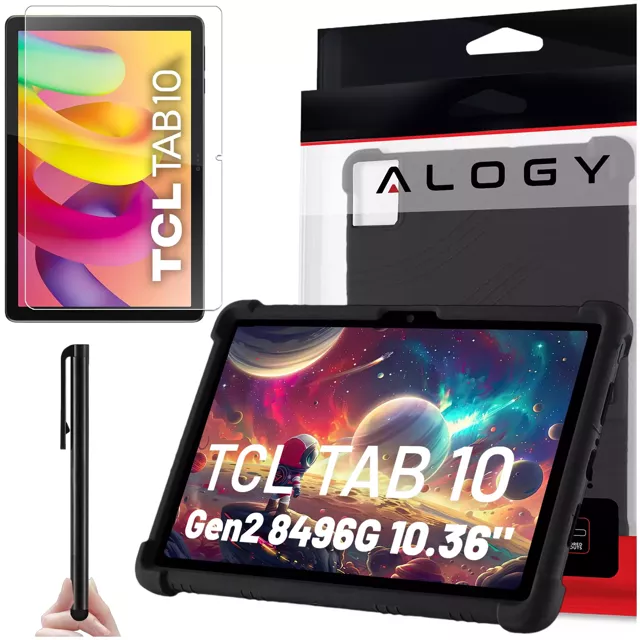 Glashülle für TCL TAB 10 Gen2 8496G 10,36 Zoll 10,4 Tablet-Hülle, Silikon, Alogy Standhülle, Schwarz, Stylus gratis