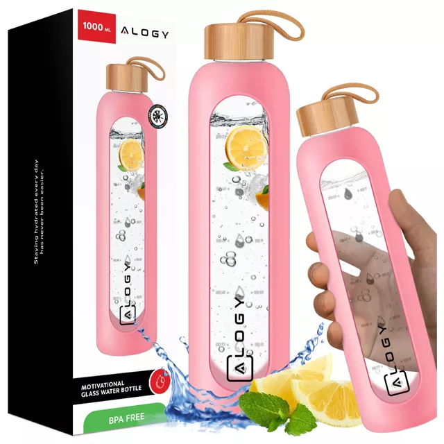 Große Glasflasche, Wasserflasche, Trinkgetränke, Alogy Motivational Messbecher, 1 l, 1000 ml, Silikonhülle, Pink