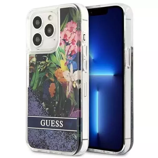 Guess GUHCP13LLFLSB iPhone 13 Pro / 13 6,1" niebieski/blue Hardcase Flower Liquid Glitter