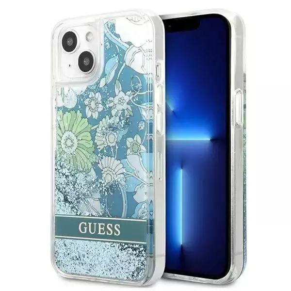 Guess GUHCP13MLFLSN iPhone 13 6,1" zielony/grün Hardcase Flower Liquid Glitter