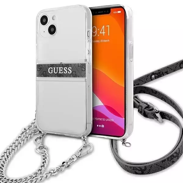 Guess GUHCP13SKC4GBSI iPhone 13 mini 5,4" Transparentes Hardcase 4G Graues Armband Silberne Kette