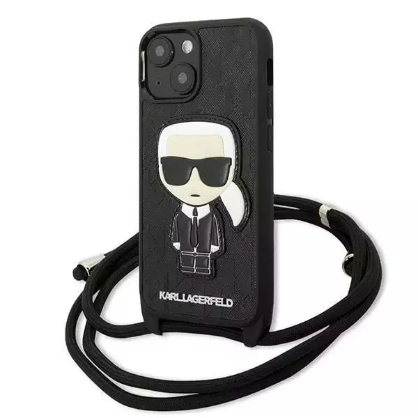 Handyschutzhülle Karl Lagerfeld KLHCP13SCMNIPK für Apple iPhone 13 Mini 5.4" Hardcase schwarz/schwarz Leder Monogram Patch und Kordel Iconik