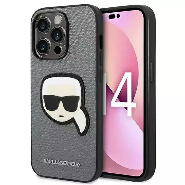 Handyschutzhülle Karl Lagerfeld KLHCP14LSAPKHG für Apple iPhone 14 Pro 6.1" Silber/Silber Hardcase Saffiano Karl`s Head Patch