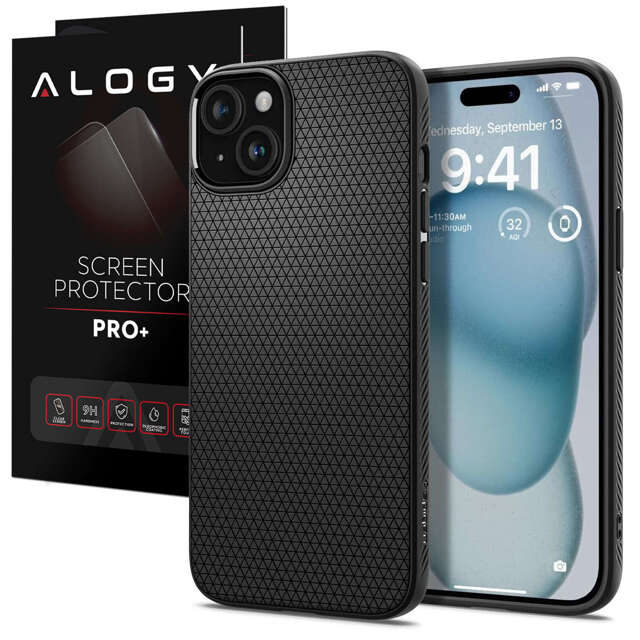 Hülle für iPhone 15 Plus Spigen Liquid Air Case, Gehäuse, schützende Rückseite, mattschwarzes Glas