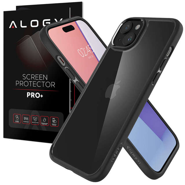 Hülle für iPhone 15 Plus Spigen Ultra Hybrid Case, schwarze Rückseite, mattschwarzes Glas