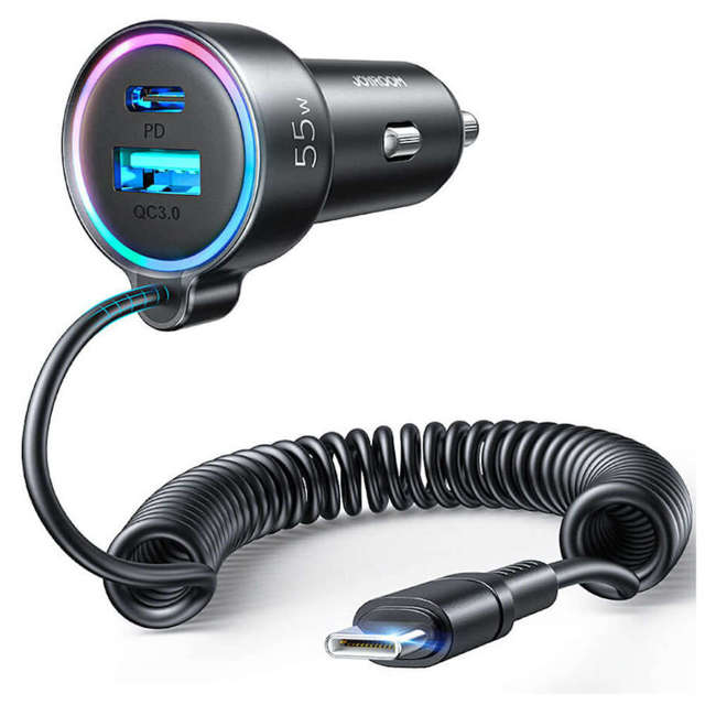 Joyroom Auto-Schnellladegerät 3 in 1 mit USB-Typ-C-Kabel 1,5 m 55 W schwarz (JR-CL07)