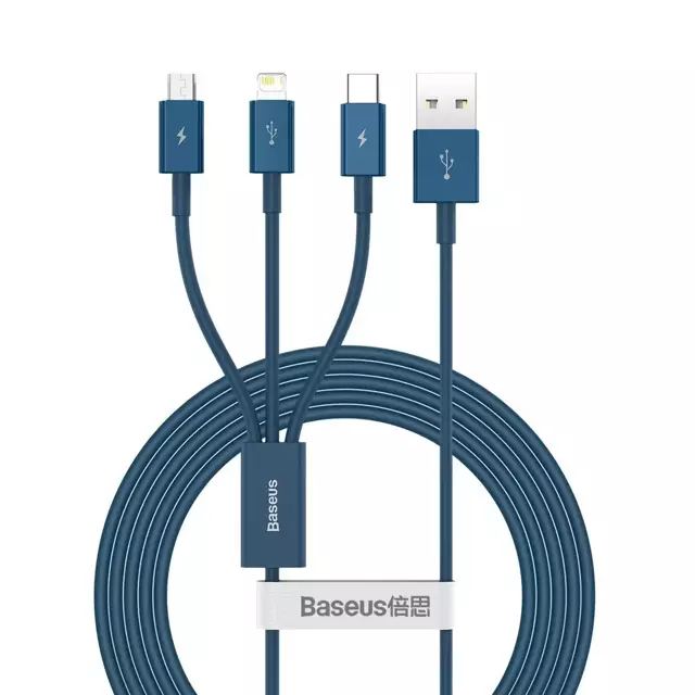 Kabel USB 3w1 Baseus Superior Series, USB bis Micro USB / USB-C / Lightning, 3.5A, 1.2m (niebieski)