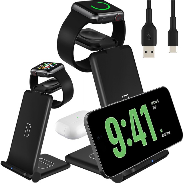 Kabelloses induktives Ladegerät 3in1 Qi 15W für iPhone, Apple Watch, AirPods-Ladestation, Alogy-Ständer, schwarz