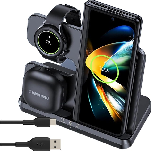 Kabelloses induktives Ladegerät 3in1 Qi 3.0 Fast für Samsung S22 S23 S24 Galaxy Watch Buds Station schwarz