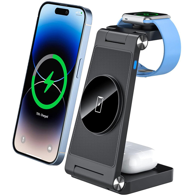 Mag Safe 3in1 Qi 18W kabelloses induktives Ladegerät für iPhone, Apple Watch, AirPods Ladestation Ständer Alogy schwarz