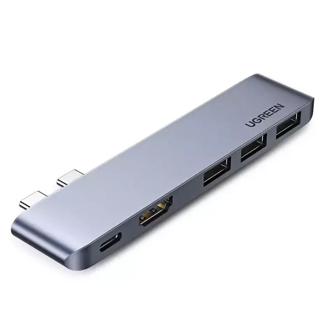 Multifunktionaler HUB UGREEN 2x USB Type C auf USB Type C PD (Thunderbolt 3, 100W, 4K@60 Hz, 10 Gbps) / HDMI 4K@30 Hz / 3x USB 3.0 für MacBook Pro / Air Grey (60559)