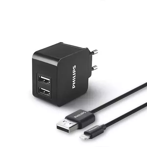 Netzladegerät 3A 15,5W Philips iPhone-Kabel 3100mA 2XUSB Dual Quick Charge Phil-DLP2307V/12 Schwarz