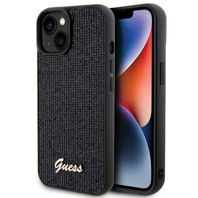 Original GUESS Hardcase GUHCP15SPMSDGSK Hülle für iPhone 15 (Disco Script Metal / Schwarz)