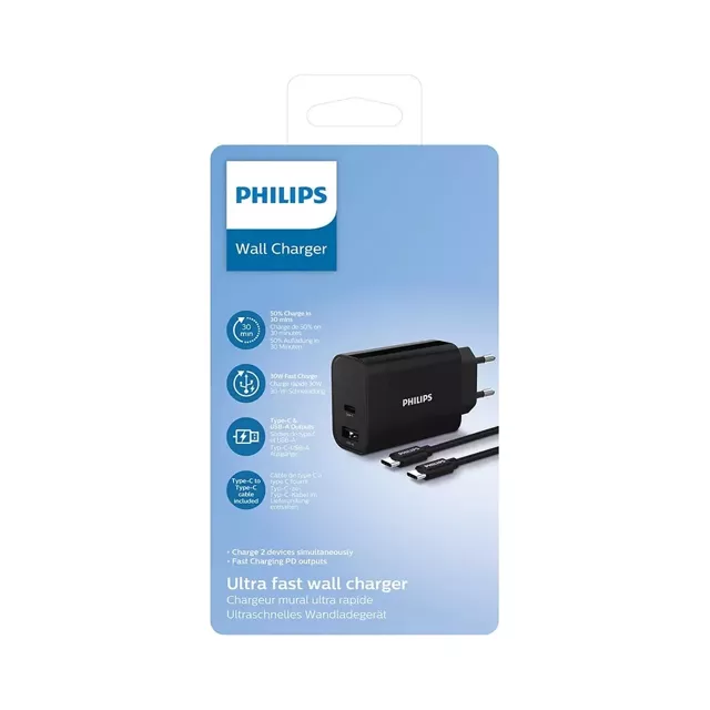 Philips Ladegerät 30 W USB-A USB-C PD QC-Kabel 1 m TTyp-C auf Typ C PD Phil-DLP2621C/12