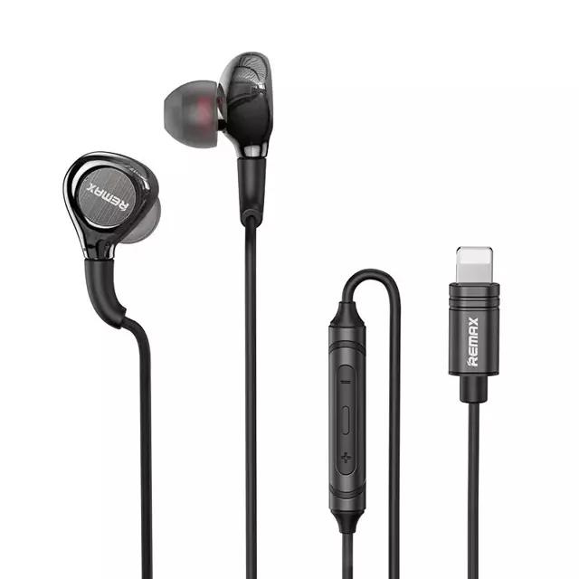 Remax kabelgebundener In-Ear-Kopfhörer aus Metall mit 1,2 m Lightning-Lautstärke-Fernbedienung schwarz (RM-655is)