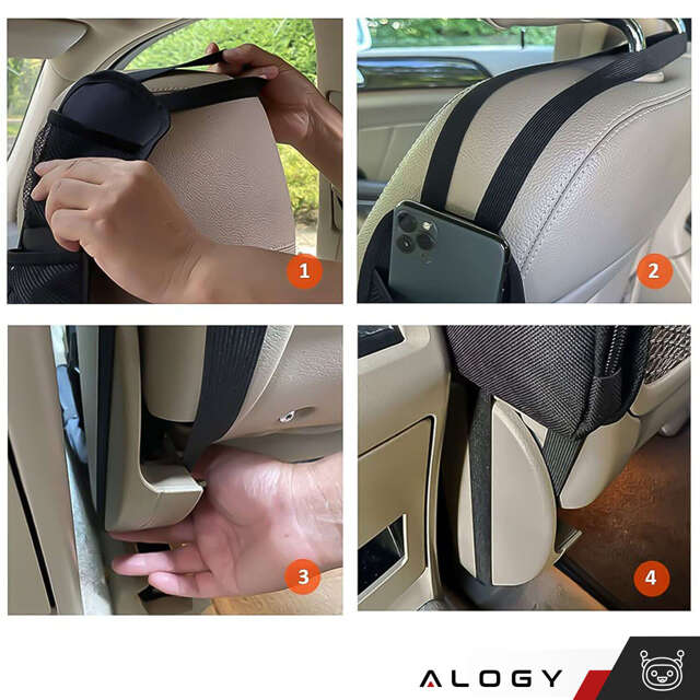 Auto-Organizer, Tasche für den Kofferraum des Autos, großer Kofferraum für  den Sitz mit Klettverschluss, Alogy Black, 2x Kopfstützenhalterung 