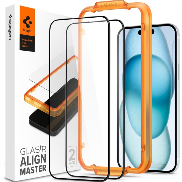 Spigen Alm Glass FC 2er-Pack gehärtetes Glas für Apple iPhone 15 Schwarz