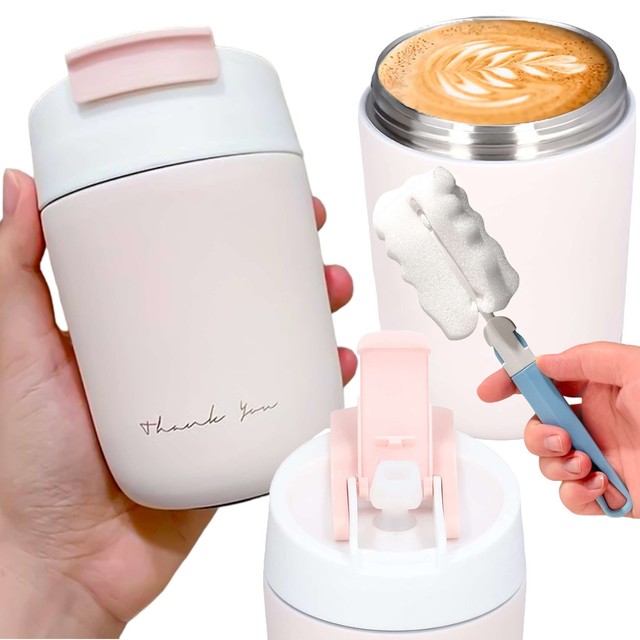 Thermosbecher mit Ausgießer und Strohhalm für Kaffee, Yerba-Mate-Tee, 360 ml, Alogy-Vakuumflasche, Stahl, Pink, Waschbürste