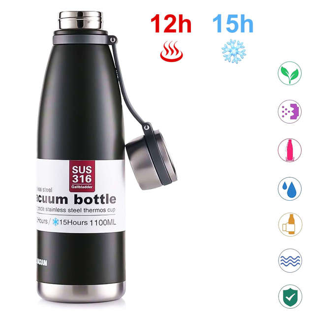 Thermosflasche aus Stahl, große Flasche 1,1 l, für Getränke, Wasserflasche THM3, Edelstahl, schwarz