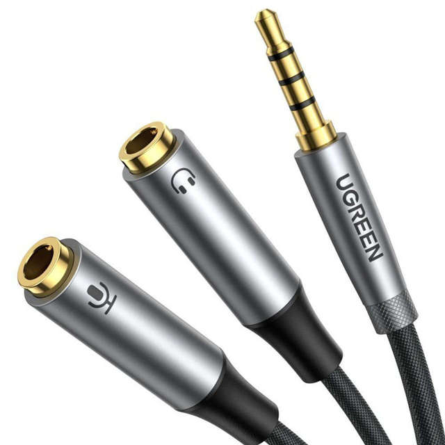 UGREEN AV192 AUX-Audio-Splitter 3,5-mm-Miniklinkenkabel (männlich) zu Kopfhörermikrofon (weiblich), 20 cm (grau)