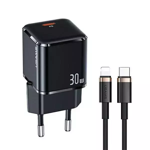 USAMS Wandladegerät 1x USB-C T45 30W PD3.0 Schnellladekabel U63 USB-C/Lightning schwarz/schwarz UXTZH01 (USAMS-UX)