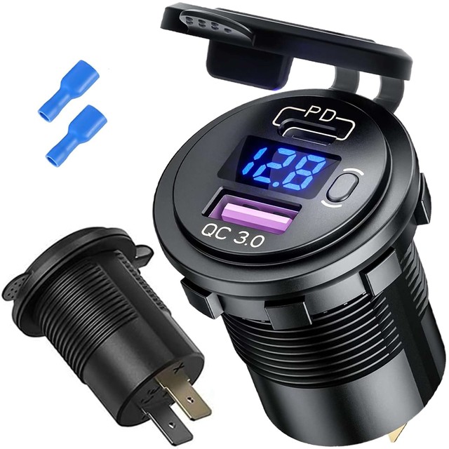 USB-Autoladegerät QC 3.0 USB-C Typ-C PD-Adapter Auto-Zigarettenanzünder-Buchse LED-Voltmeter 48 W schnell für Telefon Schwarz