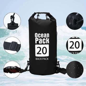 20L wasserfester Sack, wasserdichte Tasche, Kajak-Segeltasche, PVC, für Sport, Schwarz