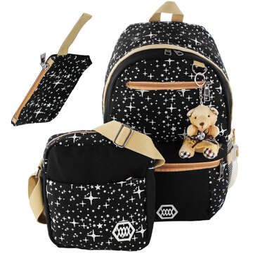 3in1 Rucksack Schule Urban Jugend Schultasche Federmäppchen Kosmetiktasche Schlüsselanhänger Teddybär Geräumig Damen Schwarz mit Sternen Alogy