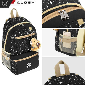 3in1 Rucksack Schule Urban Jugend Schultasche Federmäppchen Kosmetiktasche Schlüsselanhänger Teddybär Geräumig Damen Schwarz mit Sternen Alogy