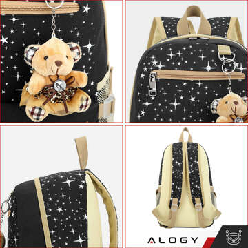 3in1 Rucksack Schule Urban Jugend Schultasche Federmäppchen Kosmetiktasche Schlüsselanhänger Teddybär Geräumig Damen Schwarz mit Sternen Alogy