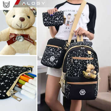 3in1 Rucksack Schule Urban Jugend Schultasche Federmäppchen Kosmetiktasche Schlüsselanhänger Teddybär Geräumig Damen Schwarz mit Sternen Alogy