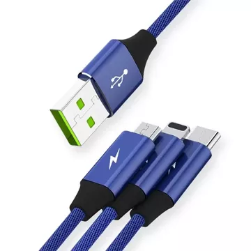 3in1 USB-C Micro-USB-Lightning-Kabel Schnellladung SOMOSTEL SMS-BW03 QC3.0 Schnellladung 2,1 A 10 W 1,2 m Powerline Blau