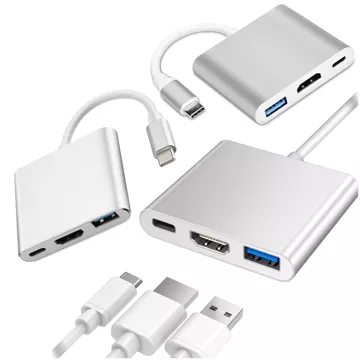 Adapter HUB 3in1 Alogy Adapter USB-C 3.0 HDMI USB-A Silber