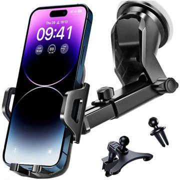 Alogy 3-in-1-Autotelefonhalter für Fenster, Fenster, Armaturenbrett, Kühlergrill, Cockpit, Schwarz, USB-C-Kabel, 2,4 A, 1 m