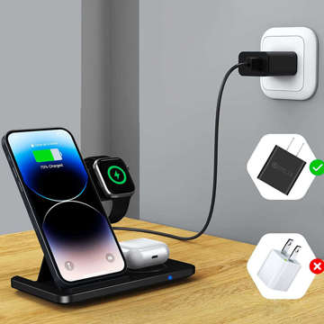 Alogy 3in1 induktives Ladegerät Ladestation für Apple iPhone AirPods Watch 15W QC 3.0 USB-C Kabel Schwarz