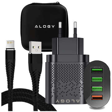 Alogy 4x USB Quick Charge 3.0 2.4A Fast Wall Charger Black Lightning Kabel 1m Beutel