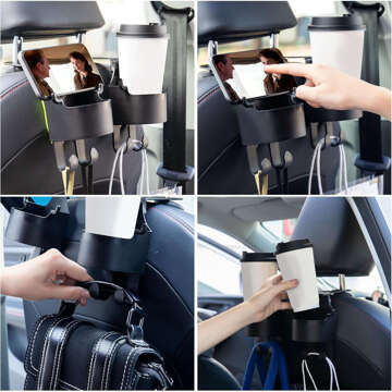 Alogy Auto Schwarz 2x Kleiderbügelhalter Autohaken 5in1 für Sitz-Kopfstütze Auto-Organizer für Getränkebecher