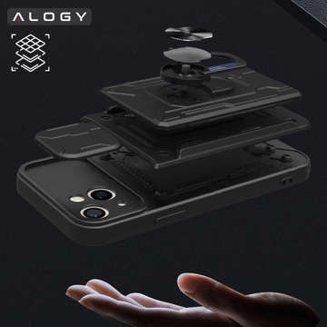 Alogy Camshield Stand Ring Wallet Case mit Kameraabdeckung und Kartenfach für Apple iPhone 14 Black Glass