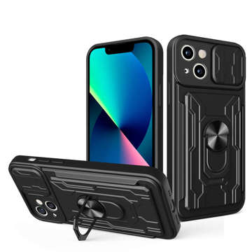 Alogy Camshield Stand Ring Wallet Case mit Kameraabdeckung und Kartenfach für Apple iPhone 14 Black Glass