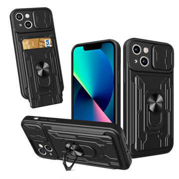 Alogy Camshield Stand Ring Wallet Case mit Kameraabdeckung und Kartenfach für Apple iPhone 14 Black Glass