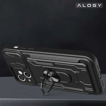 Alogy Camshield Stand Ring Wallet Case mit Kameraabdeckung und Kartenfach für Apple iPhone 14 Black Glass