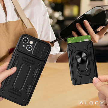 Alogy Camshield Stand Ring Wallet Case mit Kameraabdeckung und Kartenfach für Apple iPhone 14 Black Glass