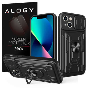 Alogy Camshield Stand Ring Wallet Case mit Kameraabdeckung und Kartenfach für Apple iPhone 14 Plus Black Glass